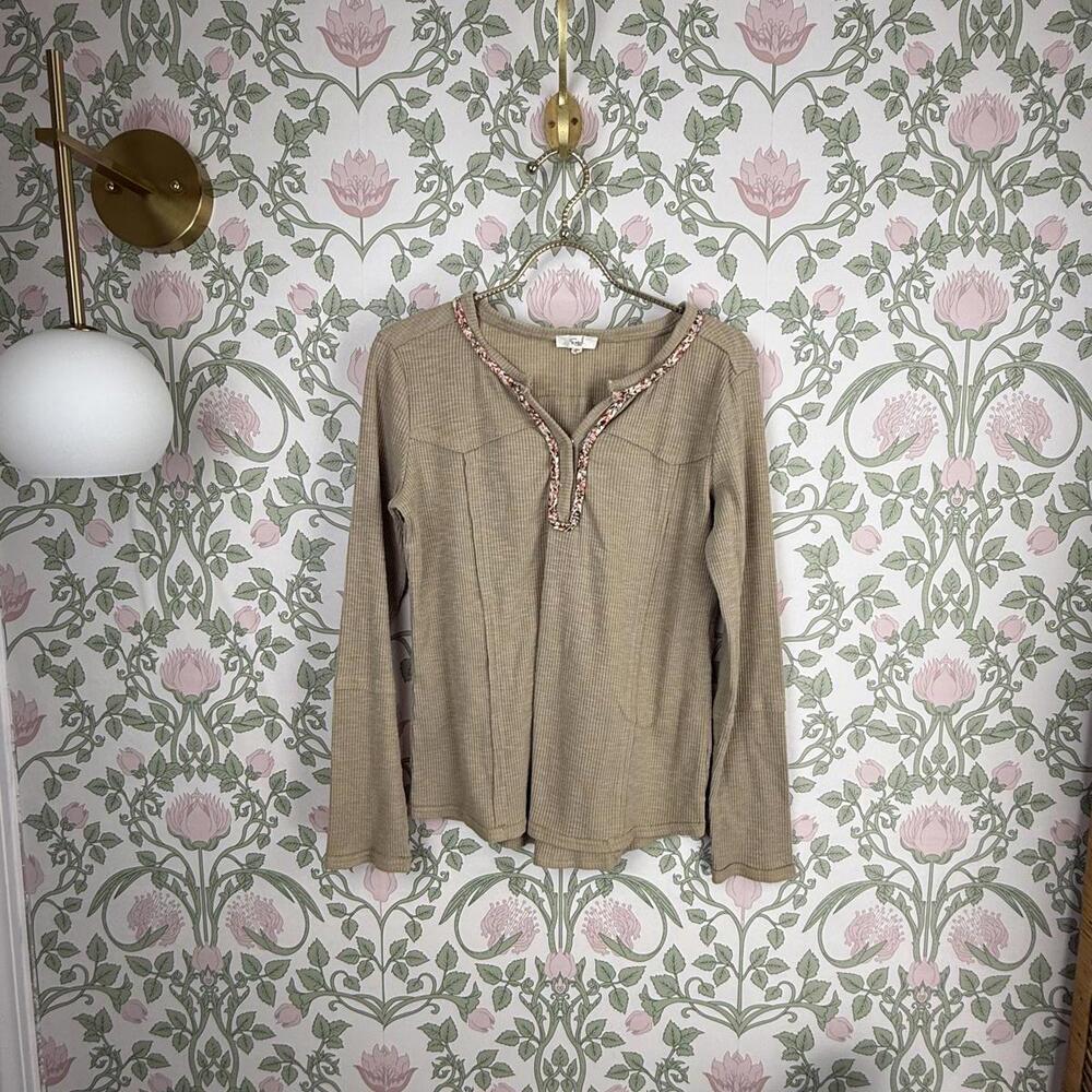 Easel Beige Bohemian Floral Pink Trim Henley Long Sleeve Tee - Size - Small